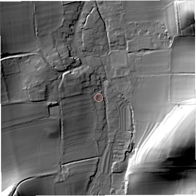 Shaded relief map of the ground around DT29NU, computed from Environment Agency LiDAR. The ground here sits at about 108 m above sea level and falls 59 m across the surrounding 800 m. Surface water reaching this point runs off ground lying to the north-east, 47.9 m higher.