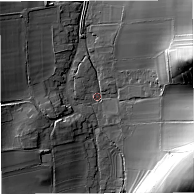 Shaded relief map of the ground around DT29NX, computed from Environment Agency LiDAR. The ground here sits at about 109 m above sea level and falls 60 m across the surrounding 800 m. Surface water reaching this point runs off ground lying to the east-north-east, 51.1 m higher.
