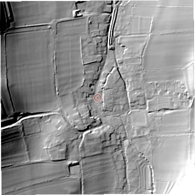 Shaded relief map of the ground around DT29PB, computed from Environment Agency LiDAR. The ground here sits at about 109 m above sea level and falls 45 m across the surrounding 800 m. Surface water reaching this point runs off ground lying to the north-west, 38.8 m higher.
