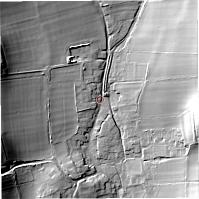 Shaded relief map of the ground around DT29PD, computed from Environment Agency LiDAR. The ground here sits at about 111 m above sea level and falls 34 m across the surrounding 800 m. Surface water reaching this point runs off ground lying to the west-north-west, 28.5 m higher.