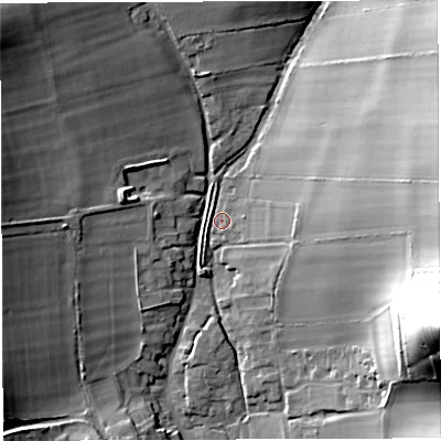 Shaded relief map of the ground around DT29PE, computed from Environment Agency LiDAR. The ground here sits at about 112 m above sea level and falls 47 m across the surrounding 800 m. Surface water reaching this point runs off ground lying to the east, 26.5 m higher.