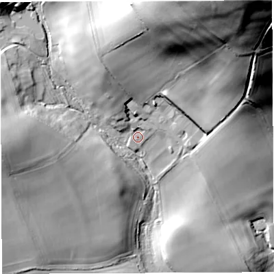 Shaded relief map of the ground around DT29PQ, computed from Environment Agency LiDAR. The ground here sits at about 130 m above sea level and falls 80 m across the surrounding 800 m. Surface water reaching this point runs off ground lying to the north-north-east, 69.0 m higher.