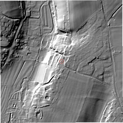 Shaded relief map of the ground around DT29QL, computed from Environment Agency LiDAR. The ground here sits at about 81 m above sea level and falls 30 m across the surrounding 800 m. Surface water reaching this point runs off ground lying to the south-east, 4.0 m higher.