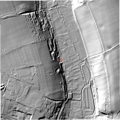 Shaded relief map of the ground around DT29QZ, computed from Environment Agency LiDAR. The ground here sits at about 68 m above sea level and falls 41 m across the surrounding 800 m. Surface water reaching this point runs off ground lying to the west-north-west, 21.7 m higher.