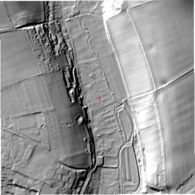 Shaded relief map of the ground around DT29RA, computed from Environment Agency LiDAR. The ground here sits at about 67 m above sea level and falls 41 m across the surrounding 800 m. Surface water reaching this point runs off ground lying to the north-north-east, 37.6 m higher.
