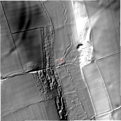 Shaded relief map of the ground around DT29RB, computed from Environment Agency LiDAR. The ground here sits at about 68 m above sea level and falls 49 m across the surrounding 800 m. Surface water reaching this point runs off ground lying to the north-east, 47.1 m higher.