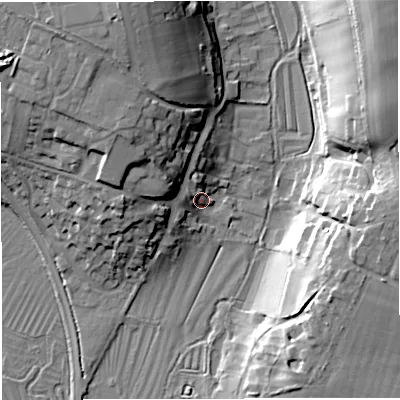 Shaded relief map of the ground around DT29RD, computed from Environment Agency LiDAR. The ground here sits at about 67 m above sea level and falls 32 m across the surrounding 800 m. Surface water reaching this point runs off ground lying to the north, 6.1 m higher.