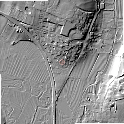 Shaded relief map of the ground around DT29RE, computed from Environment Agency LiDAR. The ground here sits at about 65 m above sea level and falls 23 m across the surrounding 800 m. Surface water reaching this point runs off ground lying to the north-north-east, 12.6 m higher.