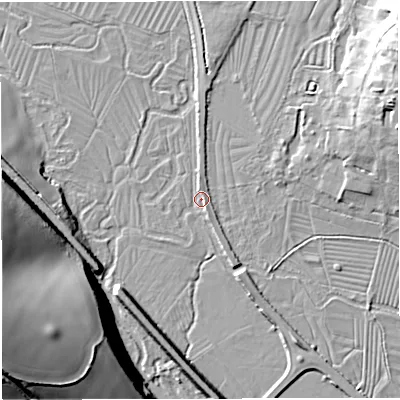 Shaded relief map of the ground around DT29RF, computed from Environment Agency LiDAR. The ground here sits at about 61 m above sea level and falls 33 m across the surrounding 800 m. Surface water reaching this point runs off ground lying to the north, 2.3 m higher.
