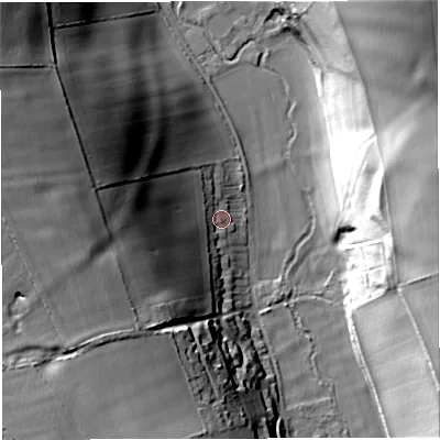 Shaded relief map of the ground around DT29RN, computed from Environment Agency LiDAR. The ground here sits at about 72 m above sea level and falls 56 m across the surrounding 800 m. Surface water reaching this point runs off ground lying to the west, 30.2 m higher.