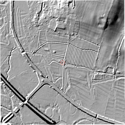 Shaded relief map of the ground around DT29RQ, computed from Environment Agency LiDAR. The ground here sits at about 60 m above sea level and falls 21 m across the surrounding 800 m. Surface water reaching this point runs off ground lying to the north, 11.5 m higher.