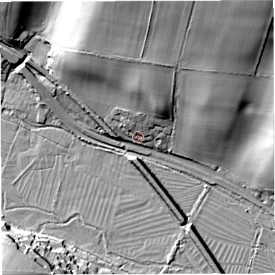 Shaded relief map of the ground around DT29RS, computed from Environment Agency LiDAR. The ground here sits at about 70 m above sea level and falls 38 m across the surrounding 800 m. Surface water reaching this point runs off ground lying to the north-north-east, 14.8 m higher.
