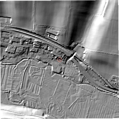 Shaded relief map of the ground around DT29RT, computed from Environment Agency LiDAR. The ground here sits at about 70 m above sea level and falls 34 m across the surrounding 800 m. Surface water reaching this point runs off ground lying to the north-west, 11.5 m higher.