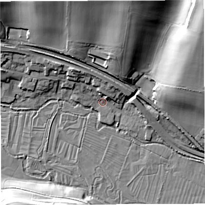 Shaded relief map of the ground around DT29RU, computed from Environment Agency LiDAR. The ground here sits at about 70 m above sea level and falls 30 m across the surrounding 800 m. Surface water reaching this point runs off ground lying to the north-west, 11.1 m higher.