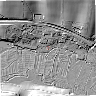 Shaded relief map of the ground around DT29RY, computed from Environment Agency LiDAR. The ground here sits at about 69 m above sea level and falls 29 m across the surrounding 800 m. Surface water reaching this point runs off ground lying to the north, 11.5 m higher.