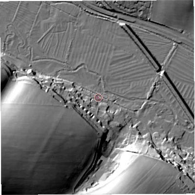 Shaded relief map of the ground around DT29SA, computed from Environment Agency LiDAR. The ground here sits at about 68 m above sea level and falls 51 m across the surrounding 800 m. Surface water reaching this point runs off ground lying to the west-south-west, 43.6 m higher.