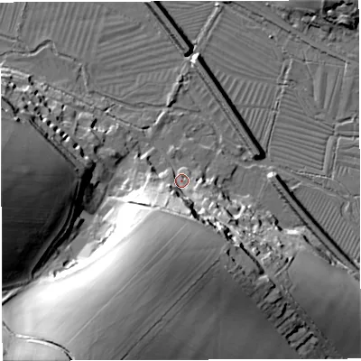 Shaded relief map of the ground around DT29SF, computed from Environment Agency LiDAR. The ground here sits at about 70 m above sea level and falls 44 m across the surrounding 800 m. Surface water reaching this point runs off ground lying to the south-south-west, 31.9 m higher.