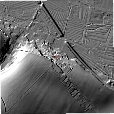 Shaded relief map of the ground around DT29SG, computed from Environment Agency LiDAR. The ground here sits at about 76 m above sea level and falls 48 m across the surrounding 800 m. Surface water reaching this point runs off ground lying to the south-south-west, 13.1 m higher.