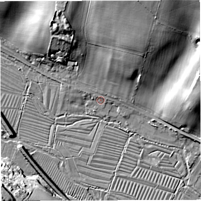 Shaded relief map of the ground around DT29SN, computed from Environment Agency LiDAR. The ground here sits at about 66 m above sea level and falls 30 m across the surrounding 800 m. Surface water reaching this point runs off ground lying to the north-north-east, 21.7 m higher.