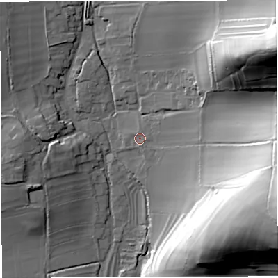Shaded relief map of the ground around DT29SY, computed from Environment Agency LiDAR. The ground here sits at about 111 m above sea level and falls 72 m across the surrounding 800 m. Surface water reaching this point runs off ground lying to the east-south-east, 50.8 m higher.