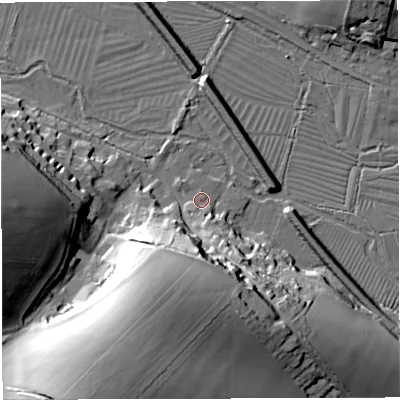 Shaded relief map of the ground around DT29TL, computed from Environment Agency LiDAR. The ground here sits at about 68 m above sea level and falls 43 m across the surrounding 800 m. Surface water reaching this point runs off ground lying to the south-south-west, 33.1 m higher.