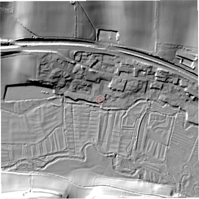 Shaded relief map of the ground around DT29WG, computed from Environment Agency LiDAR. The ground here sits at about 71 m above sea level and falls 29 m across the surrounding 800 m. Surface water reaching this point runs off ground lying to the north-north-west, 9.4 m higher.