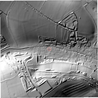 Shaded relief map of the ground around DT29XD, computed from Environment Agency LiDAR. The ground here sits at about 100 m above sea level and falls 58 m across the surrounding 800 m. Surface water reaching this point runs off ground lying to the south-west, 54.4 m higher.