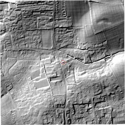Shaded relief map of the ground around DT34AJ, computed from Environment Agency LiDAR. The ground here sits at about 25 m above sea level and falls 31 m across the surrounding 800 m. Surface water reaching this point runs off ground lying to the south-west, 5.7 m higher.