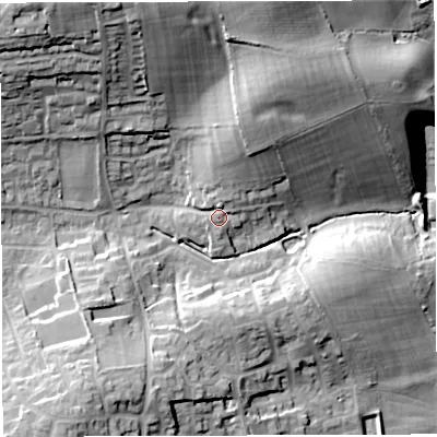 Shaded relief map of the ground around DT34AN, computed from Environment Agency LiDAR. The ground here sits at about 24 m above sea level and falls 38 m across the surrounding 800 m. Surface water reaching this point runs off ground lying to the north, 2.8 m higher.