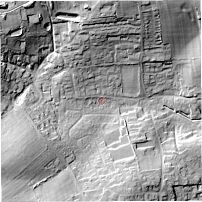 Shaded relief map of the ground around DT34AP, computed from Environment Agency LiDAR. The ground here sits at about 25 m above sea level and falls 33 m across the surrounding 800 m. Surface water reaching this point runs off ground lying to the north-north-west, 12.8 m higher.
