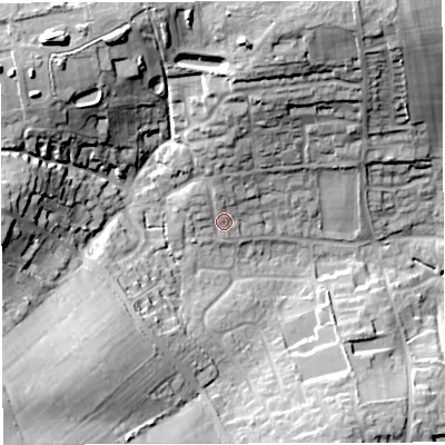 Shaded relief map of the ground around DT34AR, computed from Environment Agency LiDAR. The ground here sits at about 29 m above sea level and falls 33 m across the surrounding 800 m. Surface water reaching this point runs off ground lying to the north, 8.4 m higher.