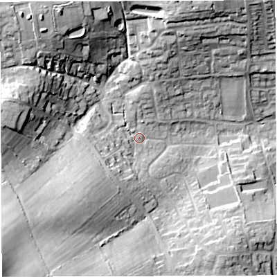 Shaded relief map of the ground around DT34AS, computed from Environment Agency LiDAR. The ground here sits at about 28 m above sea level and falls 28 m across the surrounding 800 m. Surface water reaching this point runs off ground lying to the north-west, 23.1 m higher.