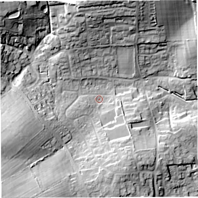 Shaded relief map of the ground around DT34AT, computed from Environment Agency LiDAR. The ground here sits at about 25 m above sea level and falls 29 m across the surrounding 800 m. Surface water reaching this point runs off ground lying to the north-west, 24.6 m higher.