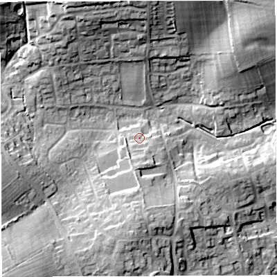 Shaded relief map of the ground around DT34AU, computed from Environment Agency LiDAR. The ground here sits at about 26 m above sea level and falls 27 m across the surrounding 800 m. Surface water reaching this point runs off ground lying to the south-south-east, 3.4 m higher.
