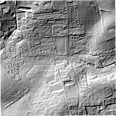 Shaded relief map of the ground around DT34AW, computed from Environment Agency LiDAR. The ground here sits at about 24 m above sea level and falls 31 m across the surrounding 800 m. Surface water reaching this point runs off ground lying to the north-west, 25.7 m higher.