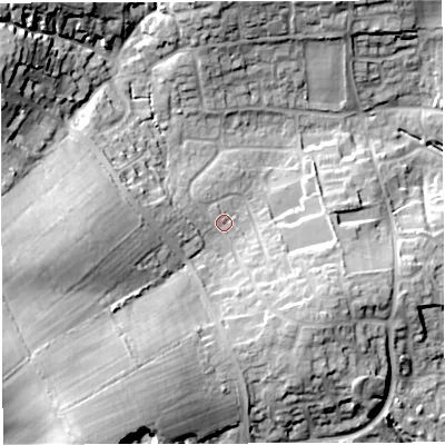 Shaded relief map of the ground around DT34AY, computed from Environment Agency LiDAR. The ground here sits at about 28 m above sea level and falls 27 m across the surrounding 800 m. Surface water reaching this point runs off ground lying to the south-south-west, 18.3 m higher.