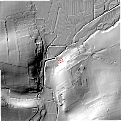 Shaded relief map of the ground around DT34BJ, computed from Environment Agency LiDAR. The ground here sits at about 10 m above sea level and falls 30 m across the surrounding 800 m. Surface water reaching this point runs off ground lying to the west, 29.3 m higher.