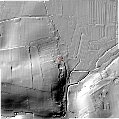 Shaded relief map of the ground around DT34BN, computed from Environment Agency LiDAR. The ground here sits at about 14 m above sea level and falls 32 m across the surrounding 800 m. Surface water reaching this point runs off ground lying to the south-west, 24.6 m higher.