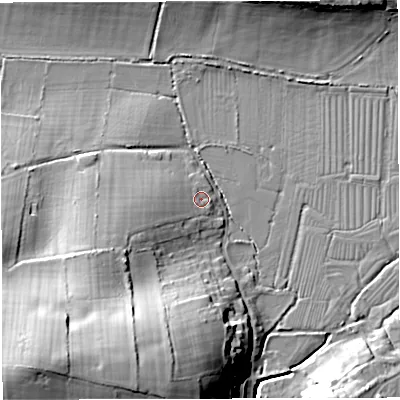 Shaded relief map of the ground around DT34BW, computed from Environment Agency LiDAR. The ground here sits at about 13 m above sea level and falls 32 m across the surrounding 800 m. Surface water reaching this point runs off ground lying to the west-south-west, 5.9 m higher.