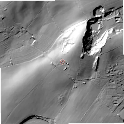 Shaded relief map of the ground around DT34DW, computed from Environment Agency LiDAR. The ground here sits at about 32 m above sea level and falls 57 m across the surrounding 800 m. Surface water reaching this point runs off ground lying to the north-east, 27.6 m higher.