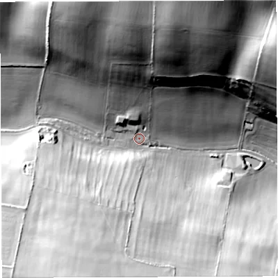 Shaded relief map of the ground around DT34EW, computed from Environment Agency LiDAR. The ground here sits at about 64 m above sea level and falls 67 m across the surrounding 800 m. Surface water reaching this point runs off ground lying to the north-north-east, 55.9 m higher.