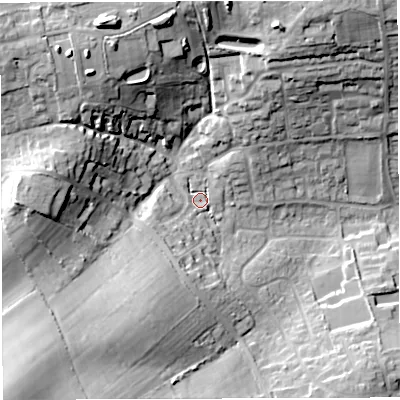 Shaded relief map of the ground around DT34FD, computed from Environment Agency LiDAR. The ground here sits at about 28 m above sea level and falls 30 m across the surrounding 800 m. Surface water reaching this point runs off ground lying to the north-west, 22.6 m higher.