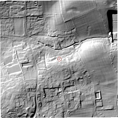 Shaded relief map of the ground around DT34FN, computed from Environment Agency LiDAR. The ground here sits at about 23 m above sea level and falls 32 m across the surrounding 800 m. Surface water reaching this point runs off ground lying to the south-west, 5.7 m higher.
