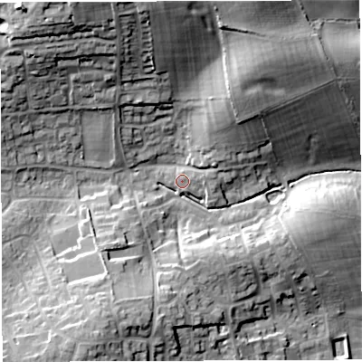 Shaded relief map of the ground around DT34FZ, computed from Environment Agency LiDAR. The ground here sits at about 23 m above sea level and falls 36 m across the surrounding 800 m. Surface water reaching this point runs off ground lying to the north-north-west, 28.0 m higher.