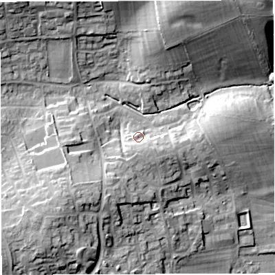 Shaded relief map of the ground around DT34GE, computed from Environment Agency LiDAR. The ground here sits at about 25 m above sea level and falls 31 m across the surrounding 800 m. Surface water reaching this point runs off ground lying to the south, 4.8 m higher.