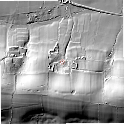 Shaded relief map of the ground around DT34HN, computed from Environment Agency LiDAR. The ground here sits at about 47 m above sea level and falls 43 m across the surrounding 800 m. Surface water reaching this point runs off ground lying to the south-west, 26.2 m higher.