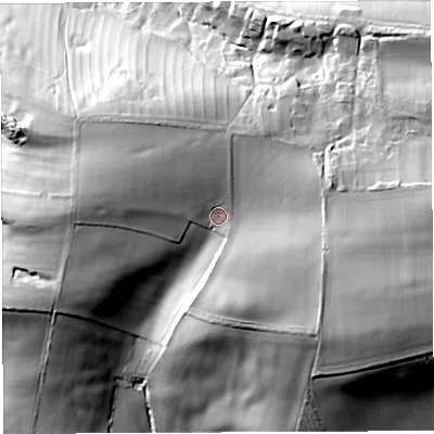 Shaded relief map of the ground around DT34HZ, computed from Environment Agency LiDAR. The ground here sits at about 48 m above sea level and falls 46 m across the surrounding 800 m. Surface water reaching this point runs off ground lying to the east, 16.8 m higher.
