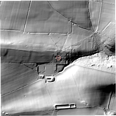 Shaded relief map of the ground around DT34JG, computed from Environment Agency LiDAR. The ground here sits at about 32 m above sea level and falls 47 m across the surrounding 800 m. Surface water reaching this point runs off ground lying to the north-west, 6.1 m higher.