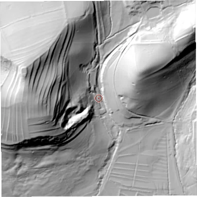 Shaded relief map of the ground around DT34JH, computed from Environment Agency LiDAR. The ground here sits at about 17 m above sea level and falls 83 m across the surrounding 800 m. Surface water reaching this point runs off ground lying to the west-north-west, 71.6 m higher.