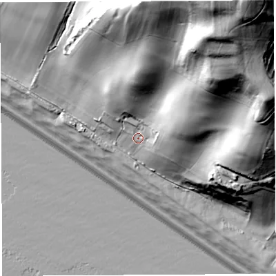 Shaded relief map of the ground around DT34LA, computed from Environment Agency LiDAR. The ground here sits at about 16 m above sea level and falls 112 m across the surrounding 800 m. Surface water reaching this point runs off ground lying to the north-east, 96.2 m higher.